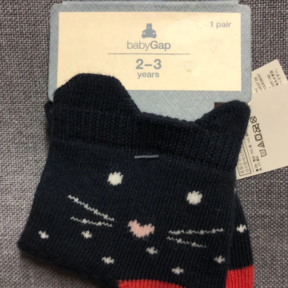 Baby Gap Kitty Cat Socks Navy Blue Red Heel Cat Face 2-3 Years 117097923003
